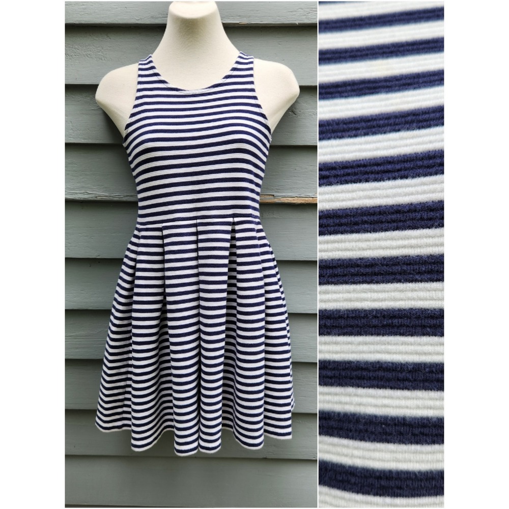 Polo Ralph Lauren Dress Navy White Striped‎ Pleated Racerback Girls L 12-14